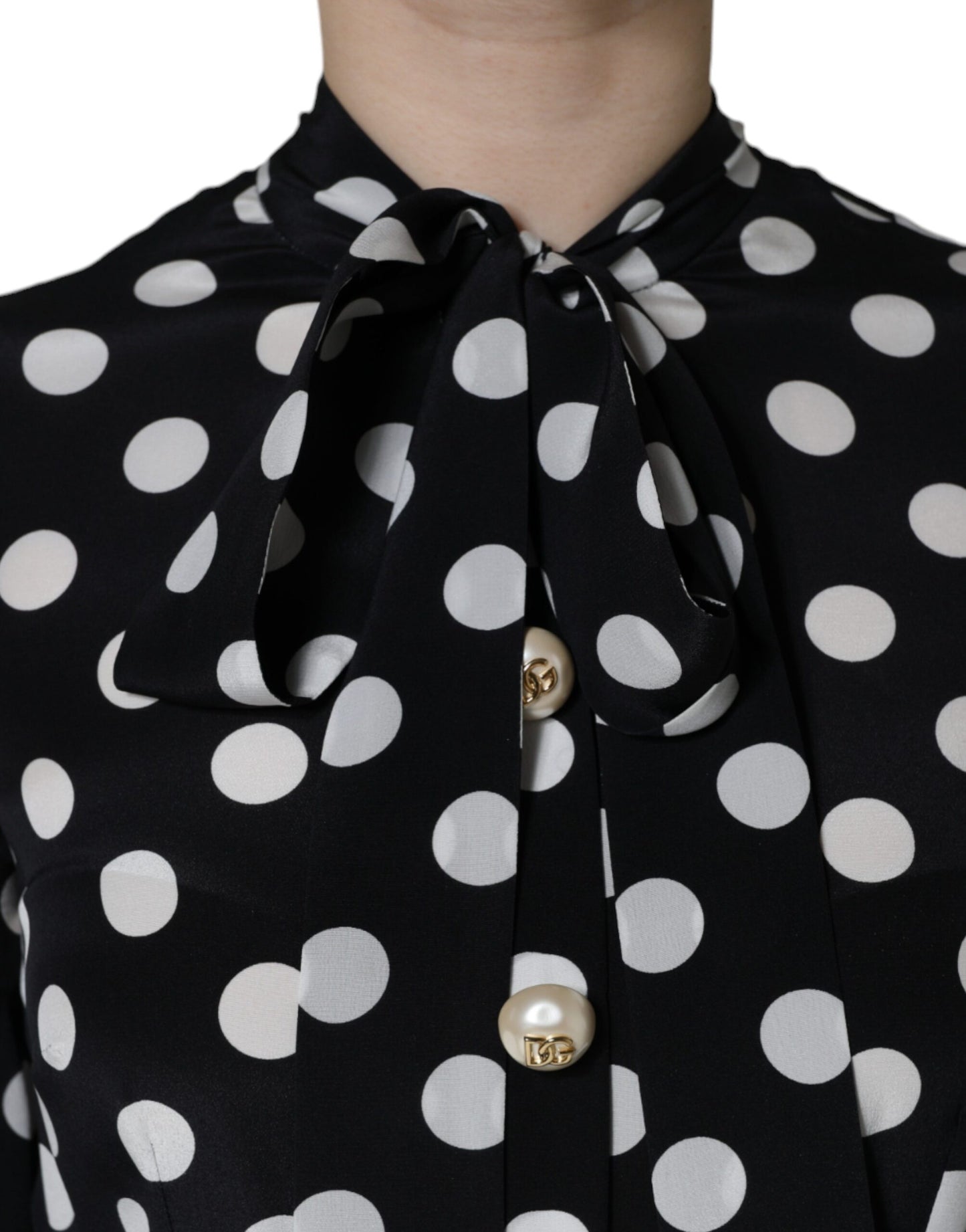 Dolce & Gabbana Black White Polka Dot Ascot Collar Midi Dress