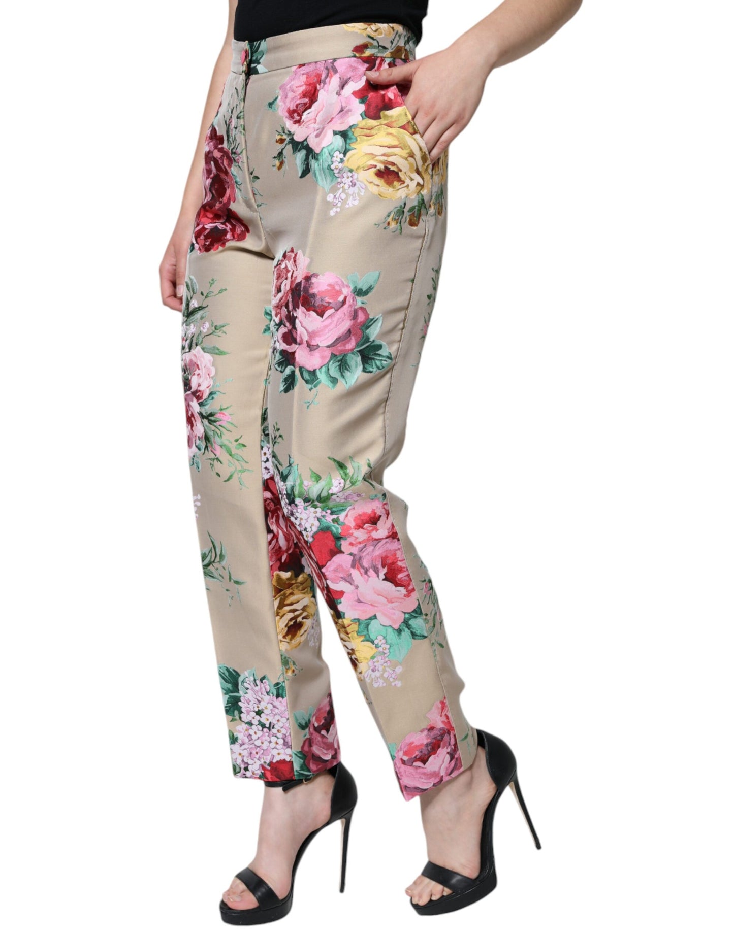 Dolce & Gabbana Beige Floral Jacquard High Waist Tapered Pants