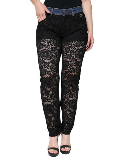 Dolce & Gabbana Black Floral Lace Front Skinny Denim Jeans