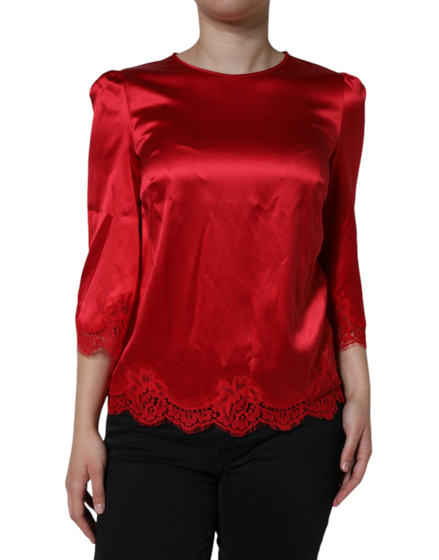 Dolce & Gabbana Red Satin Lace Trim Round Neck Blouse Top