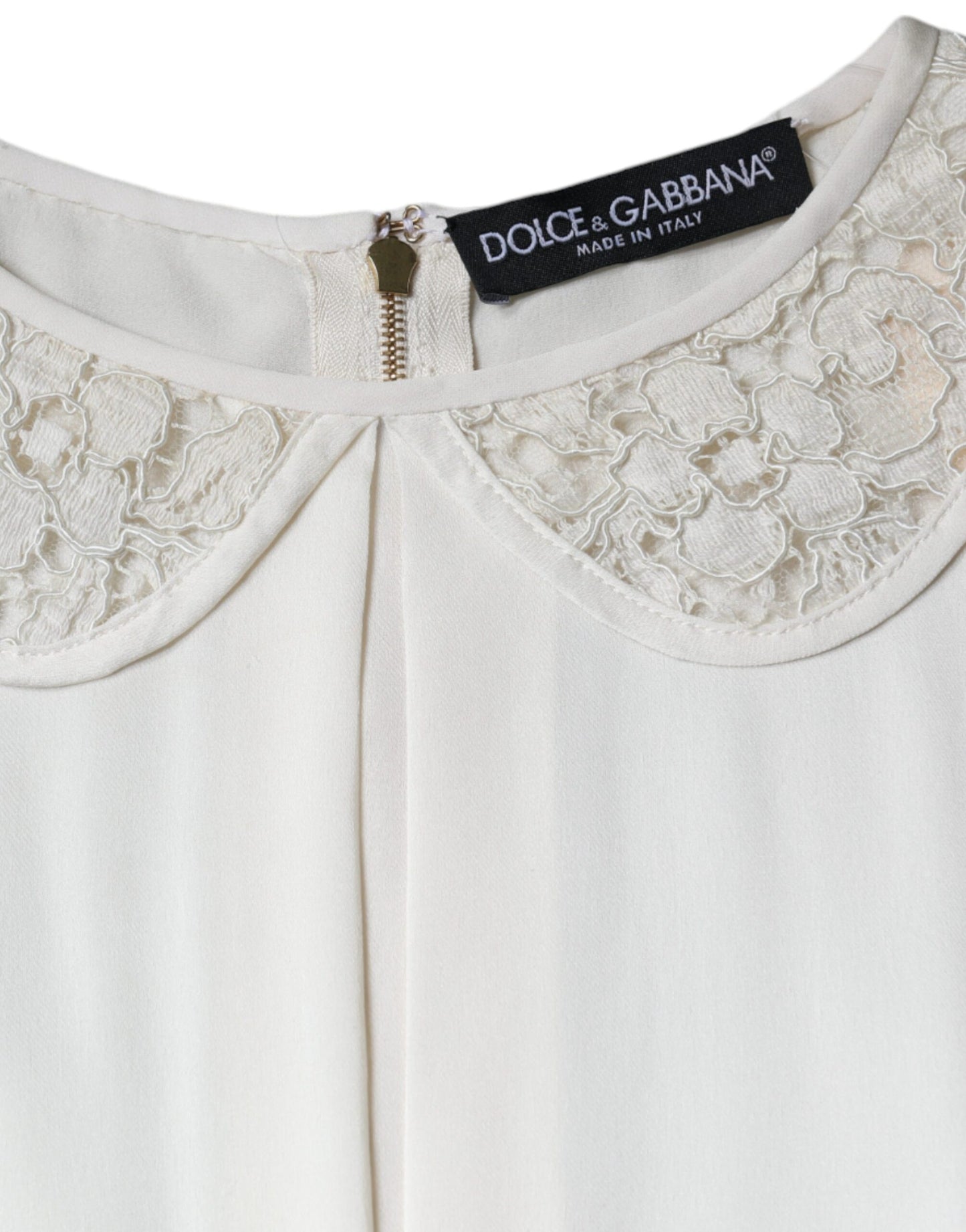 Dolce & Gabbana Off White Silk Lace Trimmed 3/4 Sleeves Blouse Top