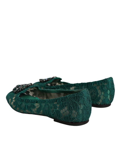 Dolce & Gabbana Green Lace Crystal Ballet Flats Loafers Shoes