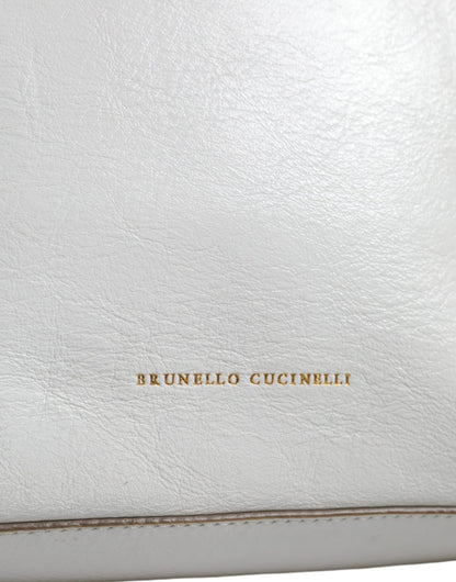 Brunello Cucinelli White Leather Logo Shoulder Strap Shopping Tote Bag