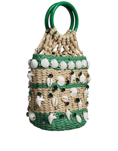 Dolce & Gabbana Beige Green Rafia Seashells Crystal Bucket Bag