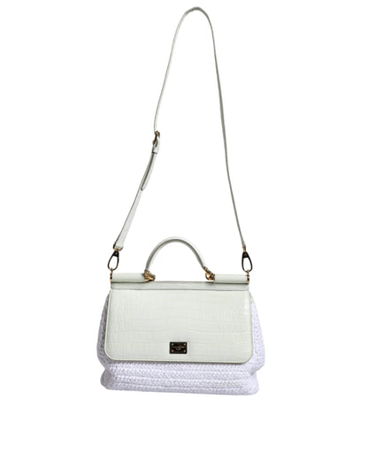 Dolce & Gabbana White Rafia Leather Top Handle Crossbody Bag