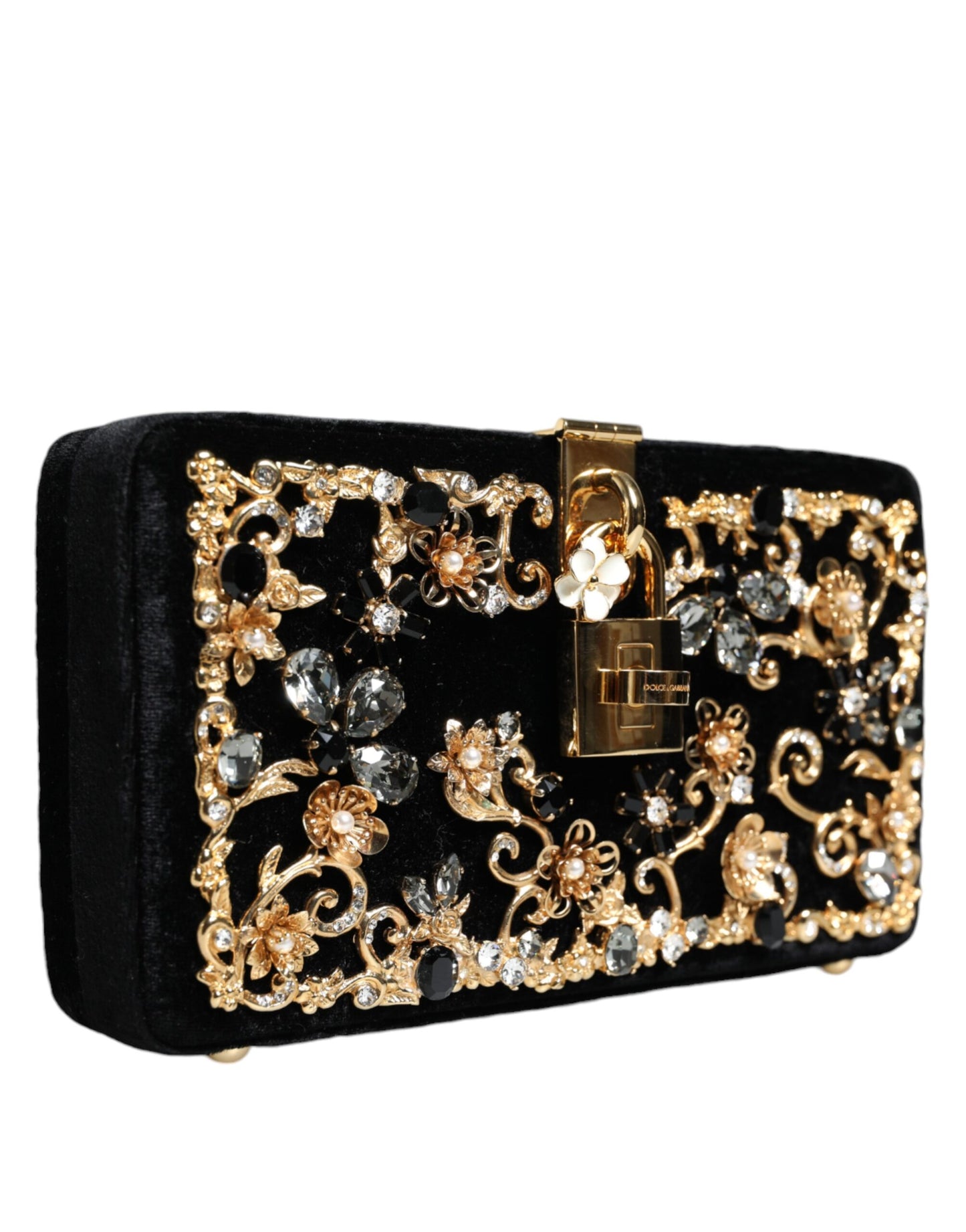 Dolce & Gabbana Black Velvet Floral Crystal Clutch Evening Purse Bag