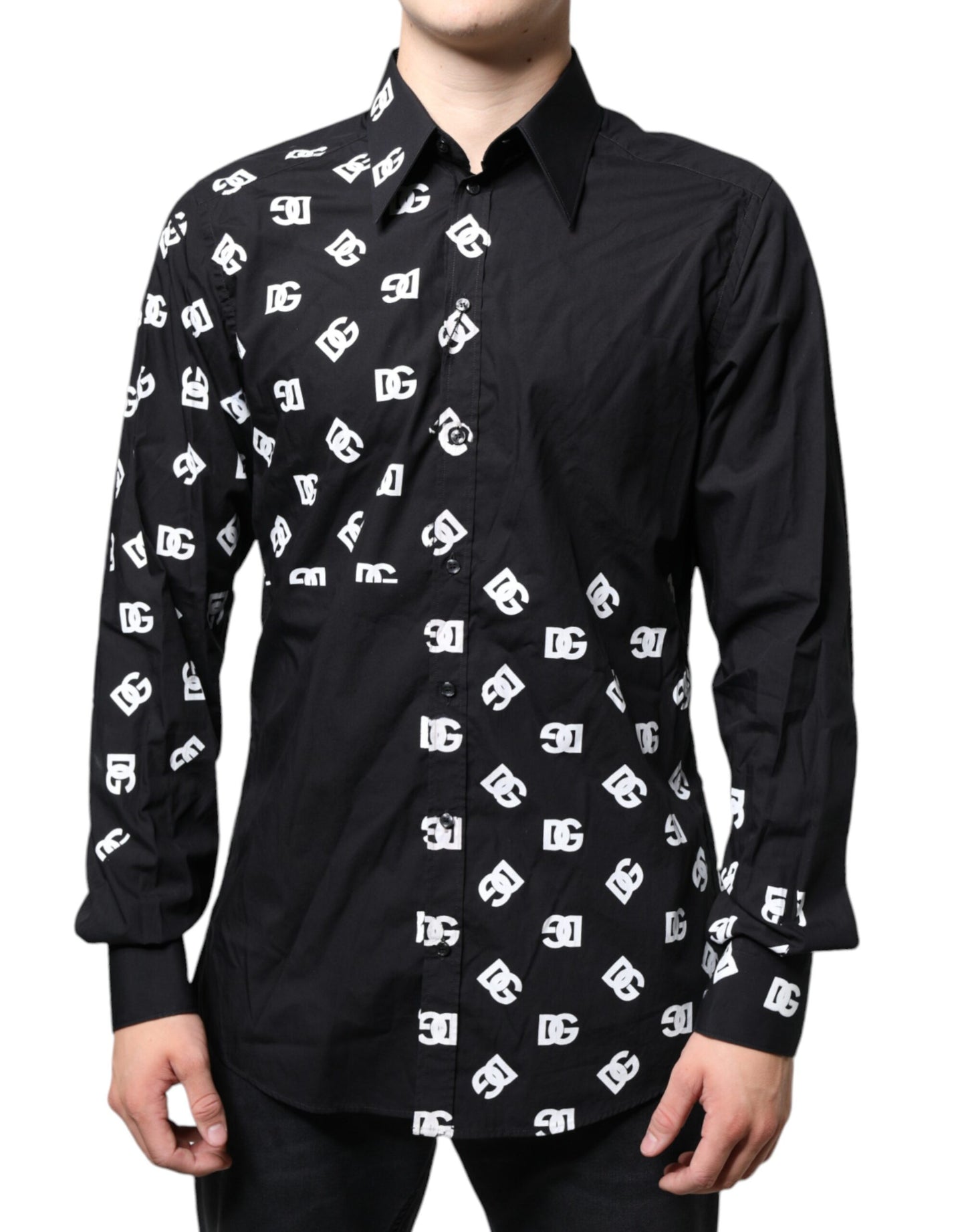 Dolce & Gabbana Black DG Logo Print Slim Fit Cotton Shirt