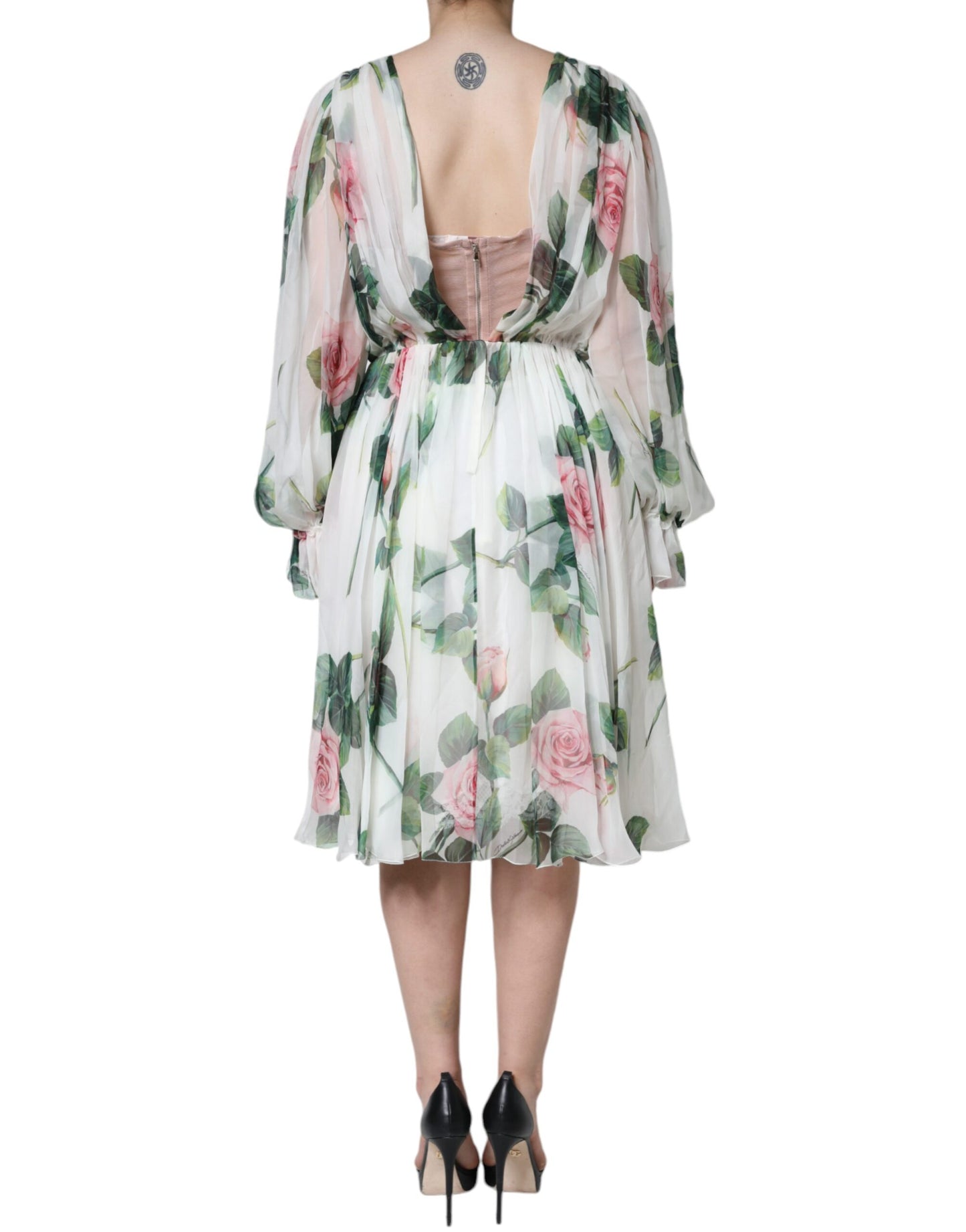 Dolce & Gabbana White Silk Floral Print A-line Midi Dress