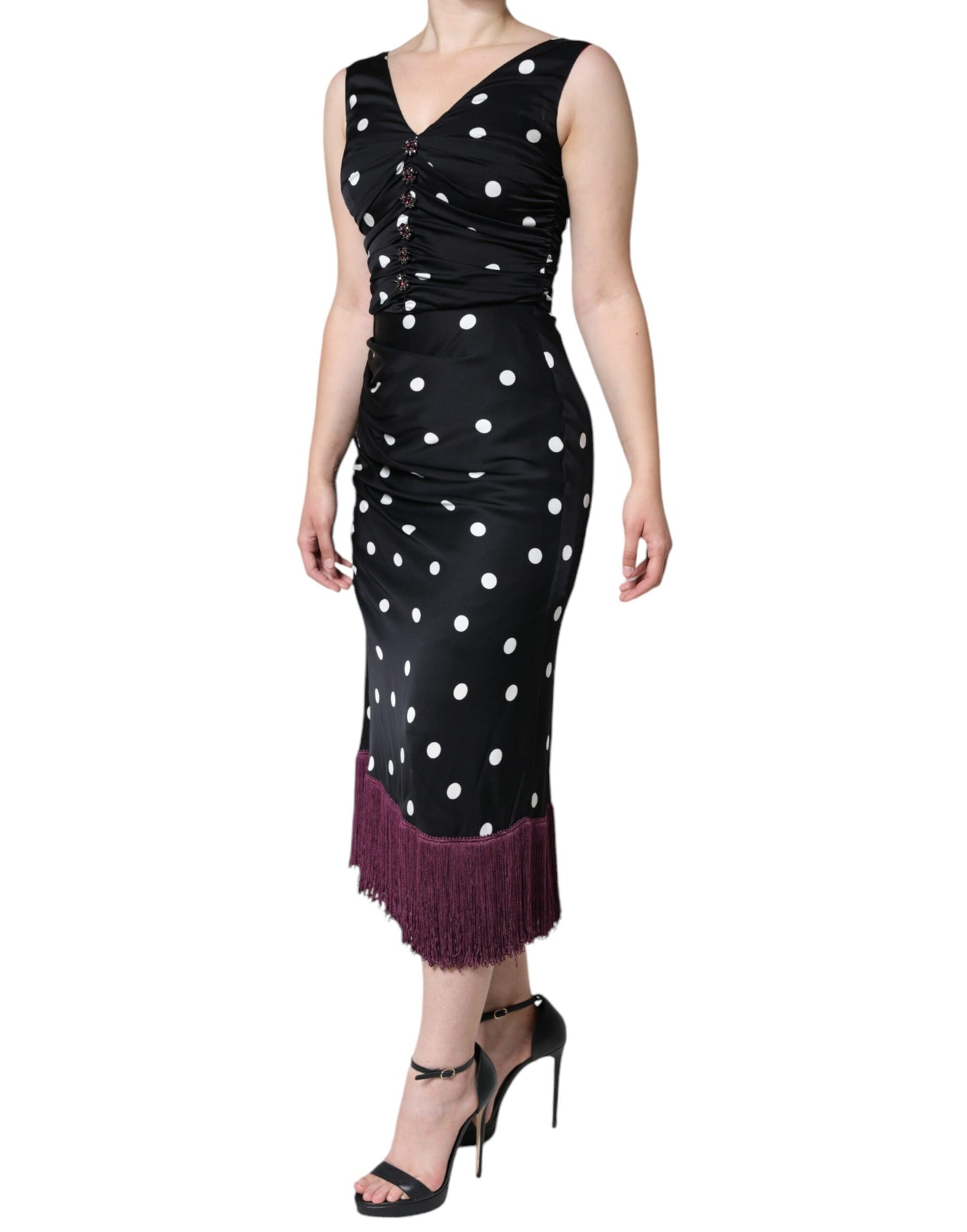 Dolce & Gabbana Black Silk Polka Dot Vneck Tassel Midi Dress