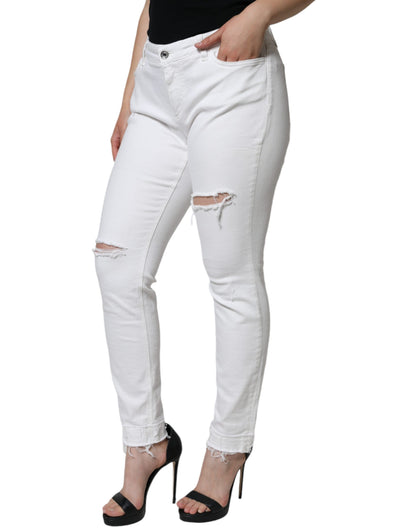 Dolce & Gabbana White Cotton Stretch Tattered Skinny Jeans