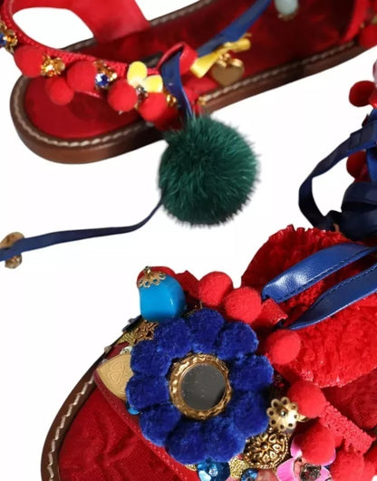 Dolce & Gabbana Multicolor Pom Pom Fur Wrap Sandals Shoes