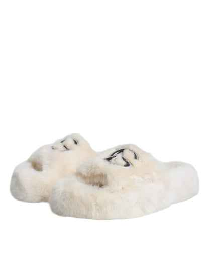 Dolce & Gabbana Beige Faux Fur Slides Flats Sandals Shoes