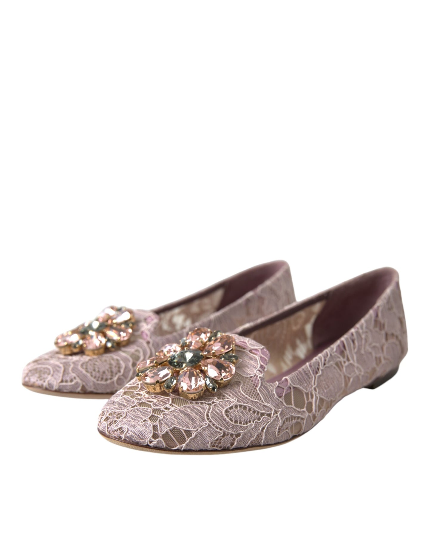 Dolce & Gabbana Pink Lace Crystal Ballet Flats Loafers Shoes