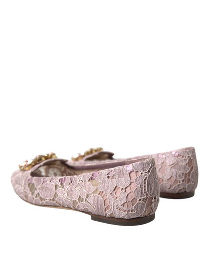 Dolce & Gabbana Pink Lace Crystal Ballet Flats Loafers Shoes