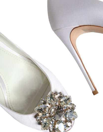 Dolce & Gabbana White Crystals Peep Toe Satin Pumps Shoes