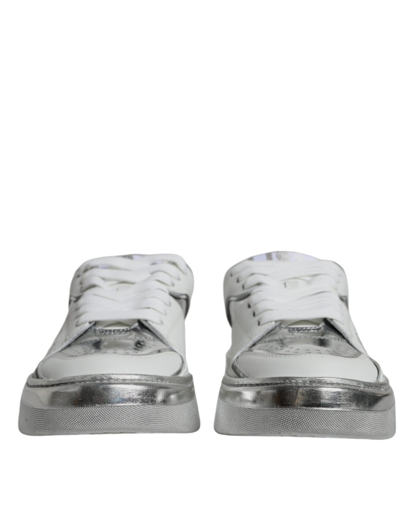 Dolce & Gabbana White Silver Leather Low Top Sneakers Shoes