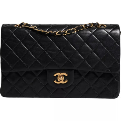 Chanel Black Lambskin Medium Classic Double Flap Quilted Gold Shoulder Bag