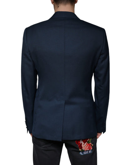 Dolce & Gabbana Blue Wool Logo Single Breasted Coat Blazer