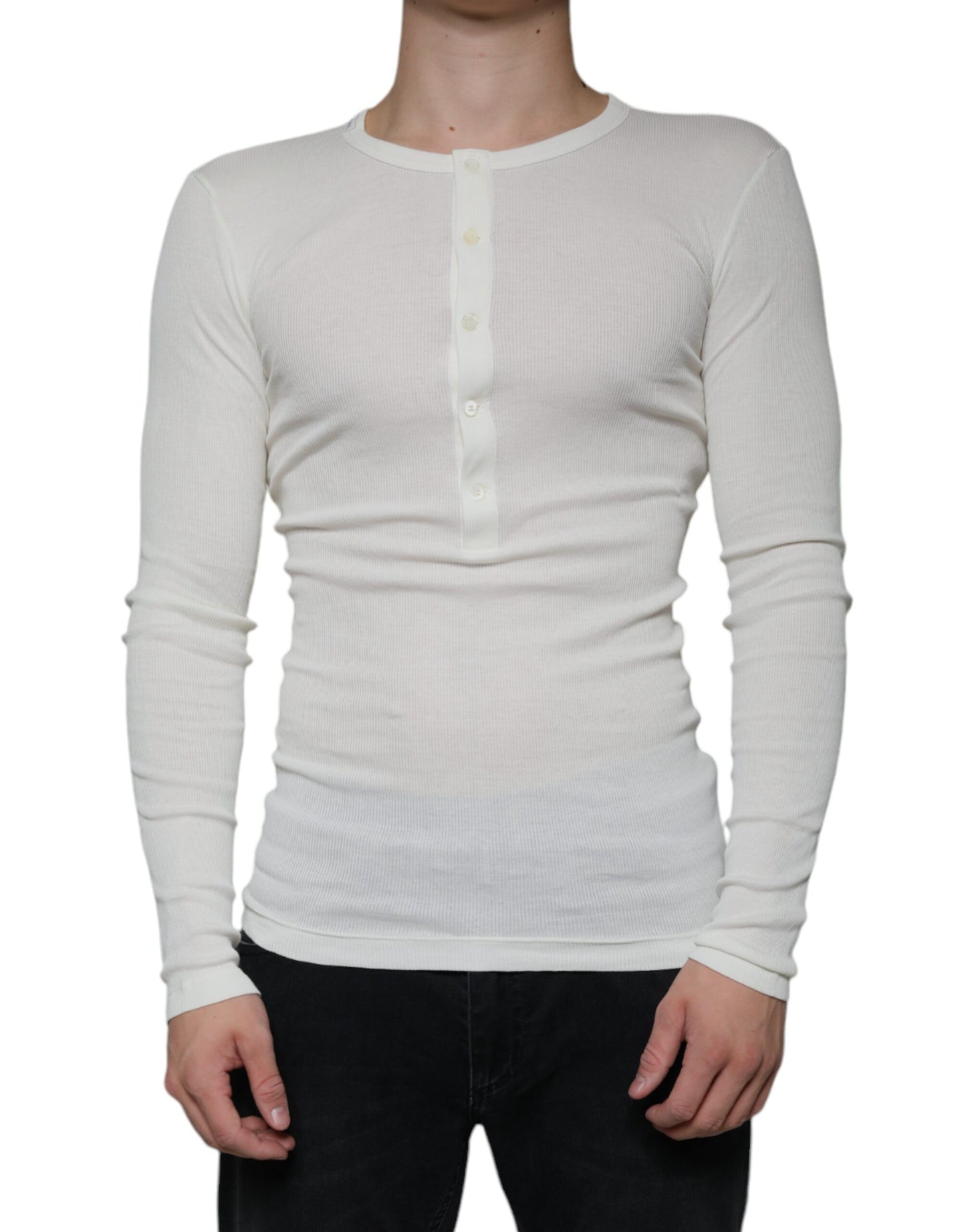 Dolce & Gabbana White Cotton Henley Crew Neck Pullover Sweater