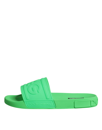 Dolce & Gabbana Green Leather Slides Sandals Beachwear Shoes