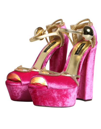 Dolce & Gabbana Pink Velvet Platform Ankle Strap Heel Sandals Shoes