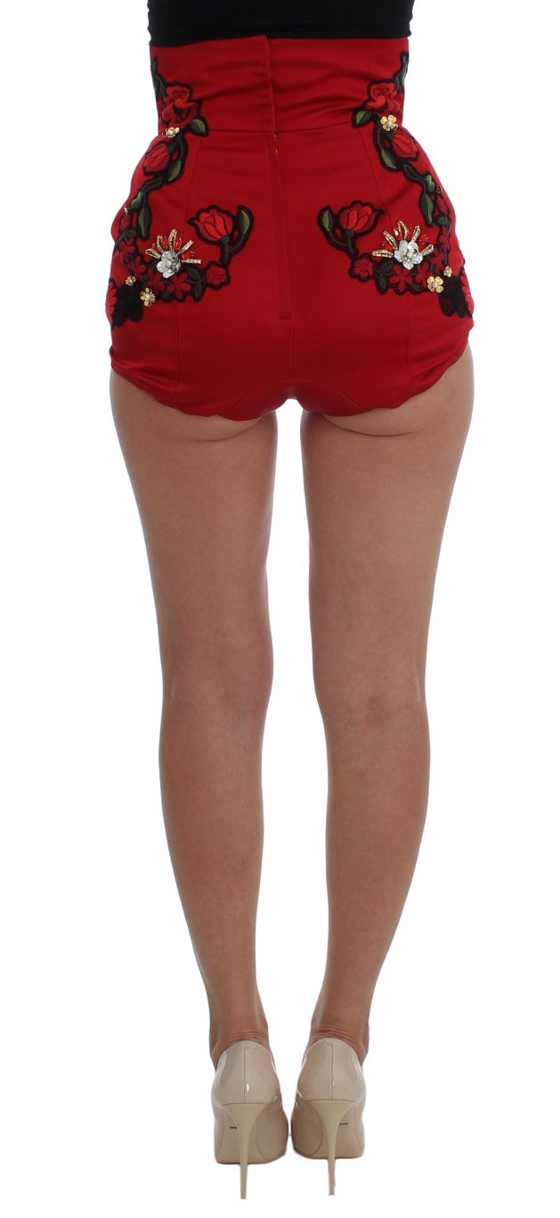 Dolce & Gabbana Ravishing Red Silk Embroidered Shorts